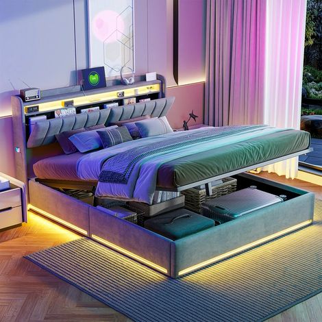 Letto contenitore 140x190 cm con rete e LED RGB, testiera contenitore e porte USB/Type-C, design imbottito in velluto, grigio