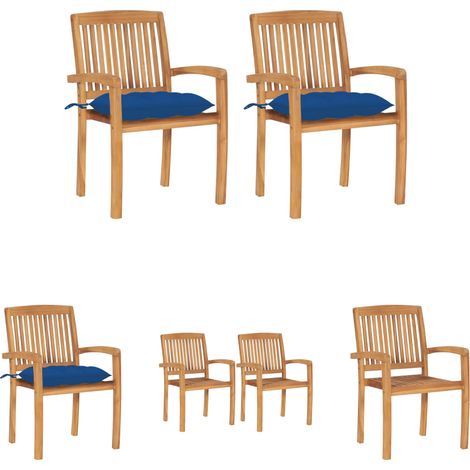 Teakholz Stühle - vidaXL Gartenstühle 2 Stk. mit Blauen Kissen Massivholz Teak - Holzstühle mit Kissen (1/5)