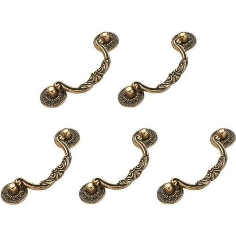 Un ensemble de 5 poignées de porte ou boutons de meubles vintage en bronze de style antique, convenant aux armoires de cuisine.