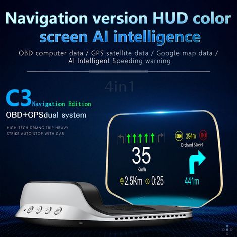 Pantalla frontal para automóvil, navegación GPS digital, velocímetro, proyector, OBD2, sistema de doble pantalla con hora/dirección/altitud/kilometraje, prueba de aceleración, alarma (1/5)