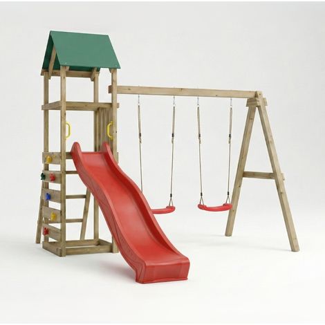 Parco giochi in legno Maxplay 2.1 con scivolo rosso, doppia altalena e arrampicata per giardino (1/5)