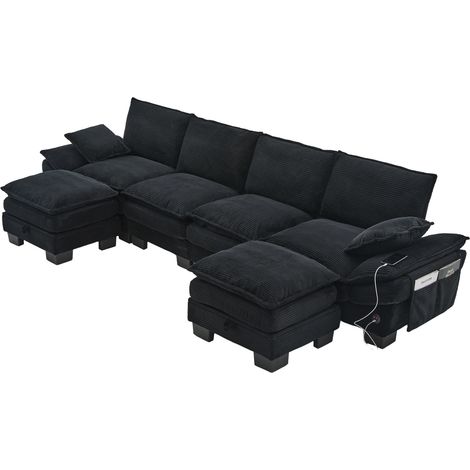Canapé modulable 4 places en velours côtelé (avec 2 poufs) – large assise, design ergonomique, rembourrage en mousse haute densité, port USB-C et poches latérales. Idéal pour le salon, le bureau ou le (1/5)