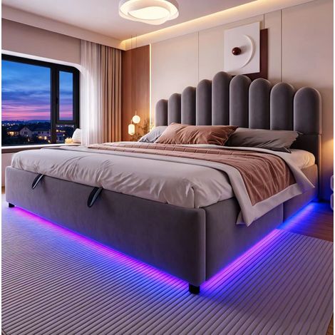 Lit coffre 180x200 cm en velours gris avec LED, rangement pour chambre, sans matelas – MEUBLIV (1/5)