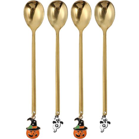 Lot de 4 cuillères à dessert citrouille d'Halloween (couleurs assorties)-13.5X2.5CM-Golden