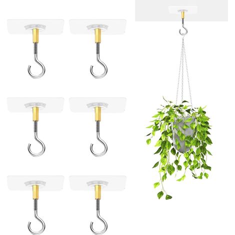 6 Pièces Crochets Auto-Adhésifs pour Plafond, Crochets de Plafond Autocollants sans Perçage, en PVC Transparent, Prévention de la Rouille, pour Plantes Suspendues, Pots de Fleurs, Biens (1/5)