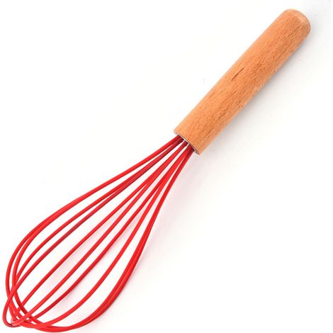 Fouet en silicone avec manche en bois - Idéal pour la pâte à crêpes, les œufs et les blancs d'œufs, les préparations pour gâteaux et le mélange. (1/5)
