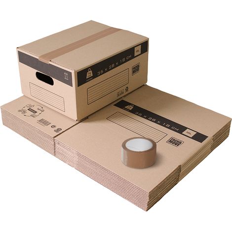 Pack and Move - Lot 10 Cartons Déménagement Stockage S - 36 x 28 x 18 cm - Poignées renforcées - 1 adhésif offert (1/5)