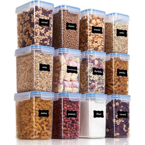 MINKUROW Set Di Barattoli Da 1,6 Litri, Barattoli Per Muesli E Barattoli Per Alimenti, Barattoli Ermetici In Plastica, Confezione Da 12, 24 Etichette Per Cereali, Farina, Zucchero, Ecc. (Blu) (1/5)
