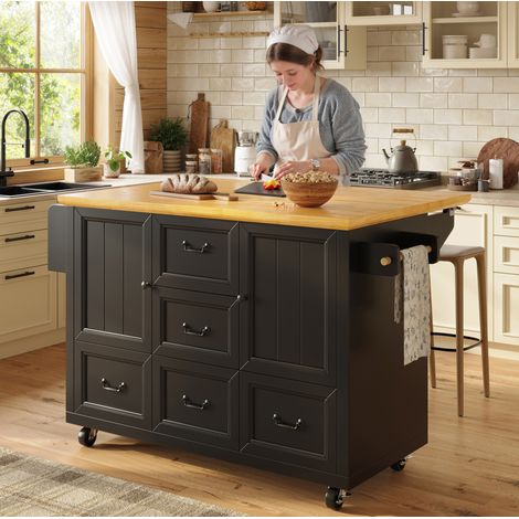 Isla de cocina abatible 120 x 73 x 93 cm con 5 cajones, 2 puertas, ruedas, negro HAVRYA (1/5)