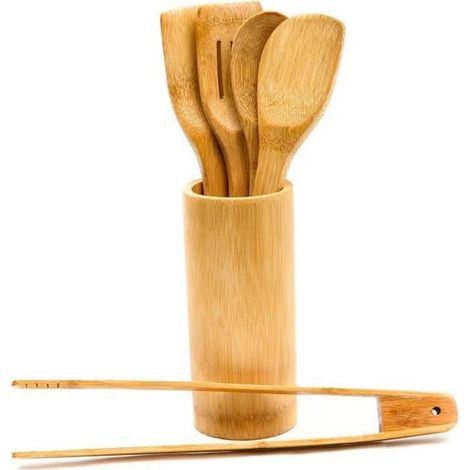 6 ustensiles de cuisine en bambou, support inclus, 30 cm, éco-responsables, idéaux pour cuisine quotidienne (1/4)