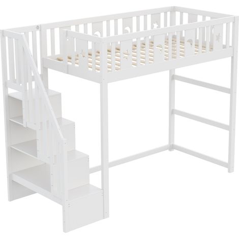 Lit mezzanine enfant 90 x 200 avec escalier, garde-corps et rangement, blanc (1/5)