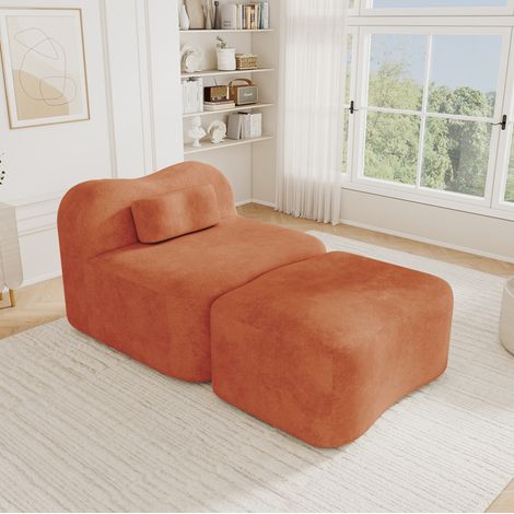 Divano modulare 1 posto con ottomano, design ondulato, schiuma 32D, velluto arancione DESVIAE (1/5)