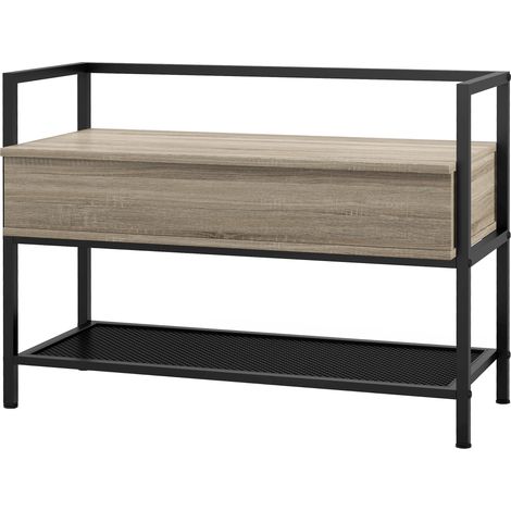 Banc d'entrée avec couvercle à charnières, meuble à chaussures avec compartiment caché et étagère métallique, 84 x 39,5 x 61 cm, chêne (1/5)
