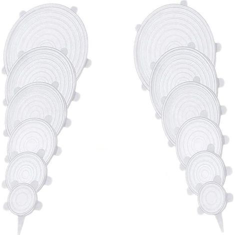 Lot de 12 couvercles de conservation alimentaire - 6 tailles - Réutilisables - Couvercles de bol en silicone - Blanc (1/5)