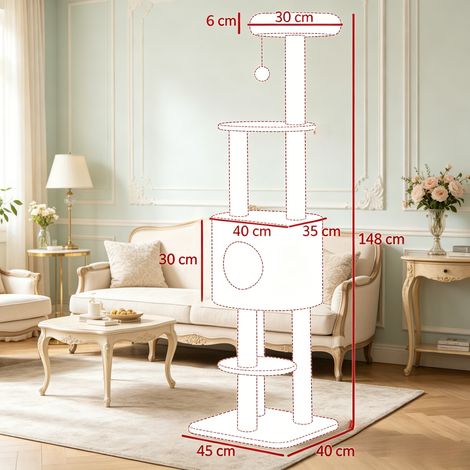 Arbre à chat en bois naturel, tour d'activités à étages pour félin, structure ludique multi-niveaux (livrée sans accessoires) (1/5)