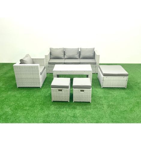 Fimous Rattan Garden Furniture Set 6 Pieces Outdoor Garden Sofa Oblong Coffee Table Set with Chair 3 Footstools Light Grey Mixed (1/5)