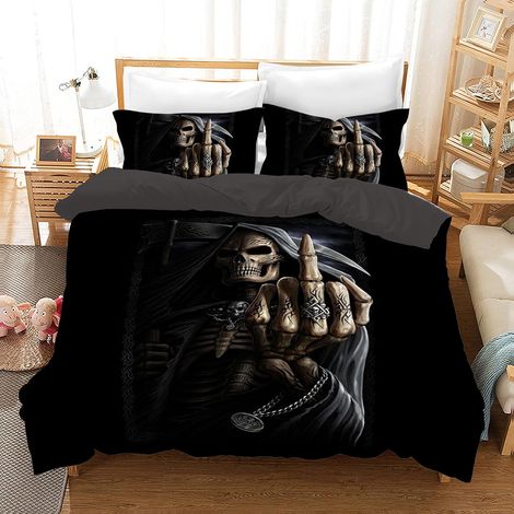 Tête de Mort Housse de Couette 135x200cm Gothique Crâne Parure de Lit 2 Personnes avec Fermeture Éclair - Rose Floral Skull Sets de Housse Couette avec 2 Taies d'oreiller 50x75cm (1/5)