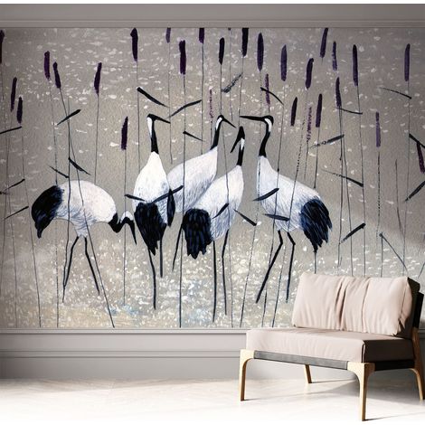 Papier peint autocollant adhésif avec motifs pour salon et chambre accessoire stylé pour votre intérieur Grues harmonieuses 312x219 cm (1/5)