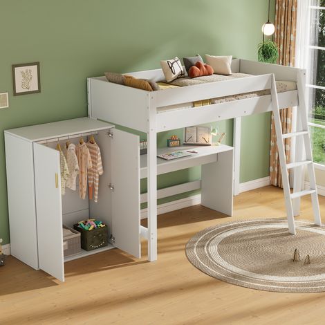 Letto a Soppalco 90×200 cm, Letto Singolo con Armadio Mobile, Scrivania, Scala e Sponde, senza Materasso, in Legno Massello, Bianco