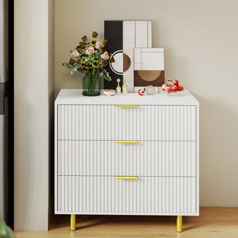 Modern 80cm Sideboard with 3 Drawers, Storage Chest, White and Gold (1/5)