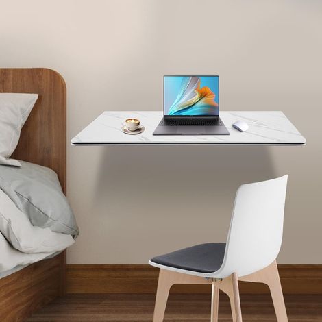 Wandklapptisch 90x50cm Weiß Marmoroptik, Klappbarer Wandtisch Schwimmender Schreibtisch, MDF Metallhalterung, Pop up Verbindung, für Esstisch Bürotisch Schreibtisch Laptoptisch (1/5)