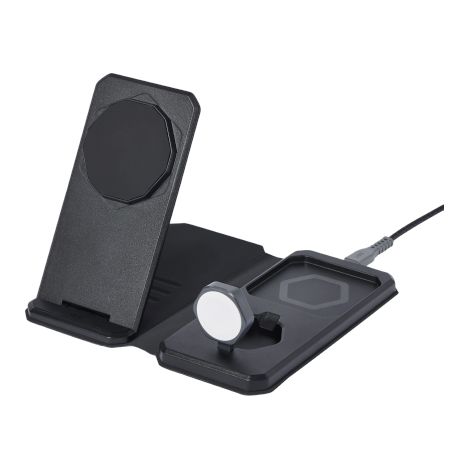 UAG 3-in-1 Reiseladegerät – kabelloses Reiseladegerät für drei Geräte, 15 W, MagSafe-kompatibel, inklusive Kabel, Stecker und Organizer (schwarz/grau) (1/4)