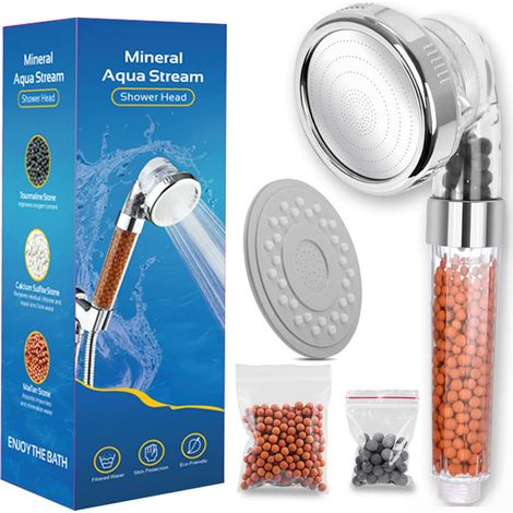 Soffione doccia con filtro a risparmio idrico, Soffione doccia con pietre minerali, Doccetta, Soffione doccia, 3 tipi di getti con filtro anticalcare (soffione doccia) (1/5)