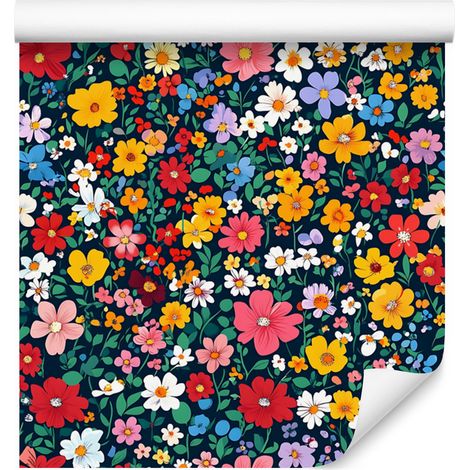 Papier peint à petites fleurs turquoise et rouges pour salon et chambre 50x1000 cm (1/5)