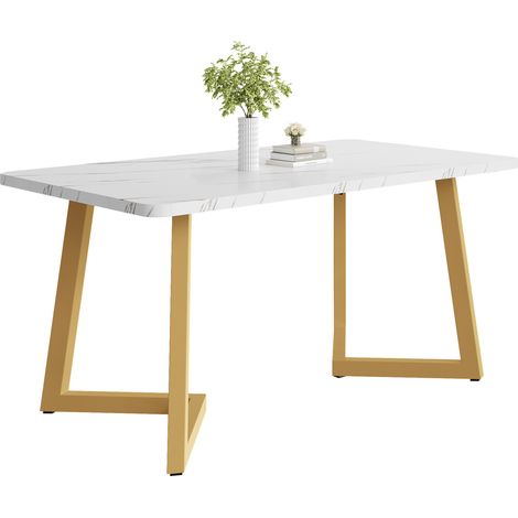 Table à manger rectangulaire 117 x 68 cm, plateau effet marbre, pieds en métal doré, style moderne pour salle à manger, cuisine ou bureau, gain de place - CHICFURN (1/5)