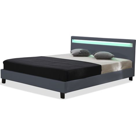 Habitat Et Jardin – Lit adulte avec LED "Maria" – Dimensions 140 x 190 cm – Structure en bois – Simili cuir gris – Éclairage RGB télécommandé (1/3)