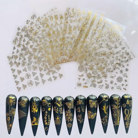 Goldene Nagelsticker mit Mond-, Stern- und Blumenmotiven, Nageldekorationen und Halloween-Dekorationen