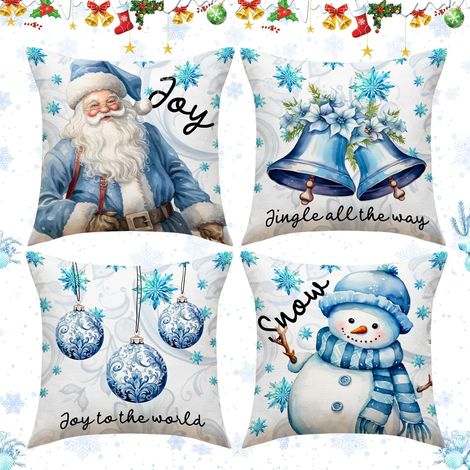 Lot de 4 housses de coussin décoratives de Noël, 45 x 45 cm, en lin bleu, motif sapin et Père Noël (1/5)