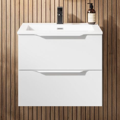 600mm Bathroom Vanity Unit Basin Wall Hung Furniture 2 Soft Close Drawers White (1/5)