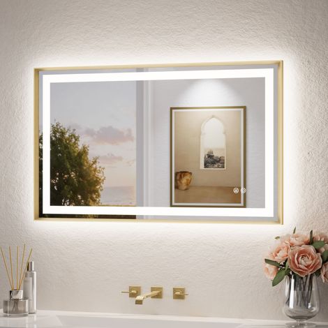 Keonjinn Badspiegel mit Beleuchtung, 100x60cm Gold Front- und Rücklicht LED Spiegel Bad mit Alurahmen 3 Lichtfarben dimmbar, Badezimmerspiegel Antibeschlag, Gehärtetes Glas, Memory, IP44