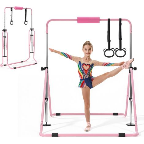 Barre Fixe de Gymnastique pour Enfants, Barre de Gym pour Enfants Capacité 63,5 kg, pour Entraînement Domicile Intérieur Extérieur, Équipement de Gymnastique Pliable et Réglable en Hauteur, Rose