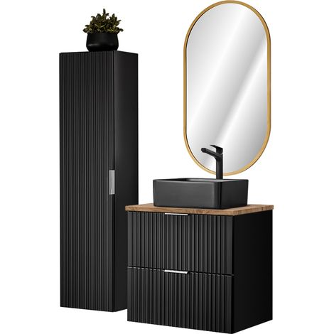 Badmöbel Set mit schwarzem Keramik Waschbecken und LED Spiegel, matt schwarz mit Eiche Nb., gerillte Front, ADELAIDE-56-BLACK, B/H/T ca. 110/200/46,5 cm (1/5)
