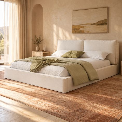 Letto 180x200 cm in tessuto beige con rete, senza materasso - FLORAGRACE (1/5)