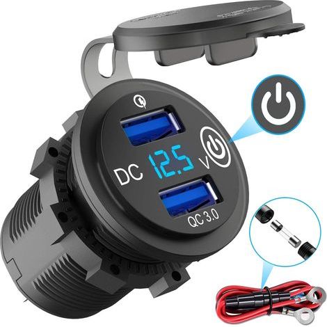 Schnellladefähige 3.0-USB-Kfz-Steckdose mit Schalter, 12-V-Kfz-Ladegerät mit integriertem USB-Stecker, wasserdichte Steckdose mit blauer LED-Voltmeter-Spannungsanzeige für Motorrad, Boot, LKW, Wohnwag (1/5)