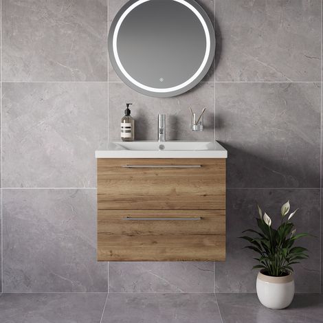 Napoli 460 Tobacco Oak 600mm Wall Mounted 2 Drawer Vanity Unit with Glide Basin - 600mm - Chrome 320mm Handle