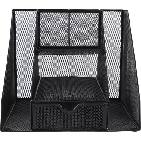Organisateur bureau métal maille fer vertical – Panier rangement avec tiroir boîte lettres porte-stylo fournitures noir (1/5)