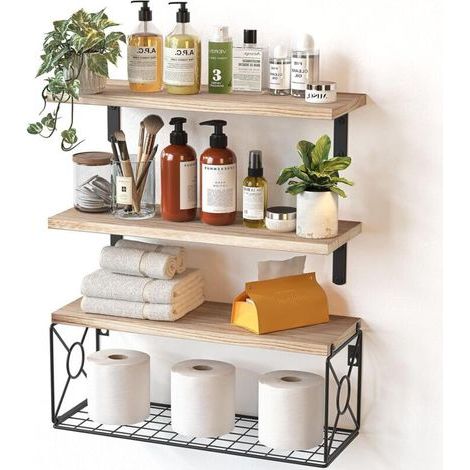 Lot de 3 Étagère Murale Bois avec Panier de Rangement en Fil métallique, étagères de Salle de Bain de pour Salle de Bain/Cuisine/Salon/Bureau, Lot de 3 + 1 (Rustique) (1/5)