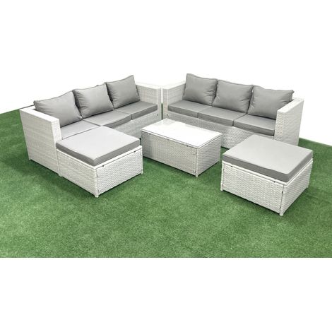 Fimous Garden Outdoor PE Rattan Furniture Set 8 Seater Rattan Garden Sofa Set with 2 Big Footstools Light Grey Mixed (1/5)