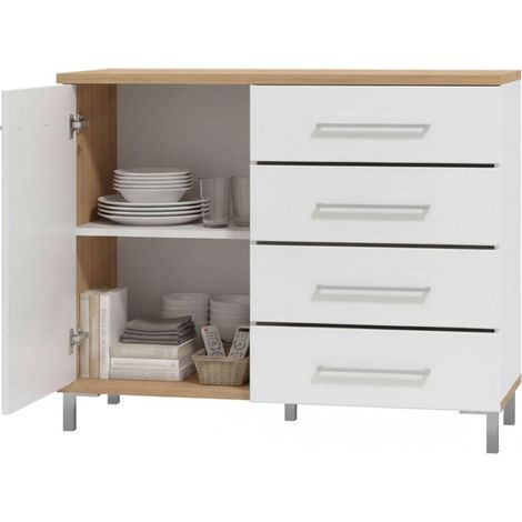 Procopio Kommode: 4 Schubladen, ein Regal, Tür- und Schiebetüröffnungen, 108x40x87h cm Weiß Eiche Knoten