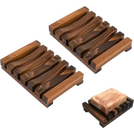 Set di 2 portasapone in legno naturale 11x8 cm, scolasapone ecologico fatto a mano, portasapone antiscivolo per bagno e cucina (1/5)