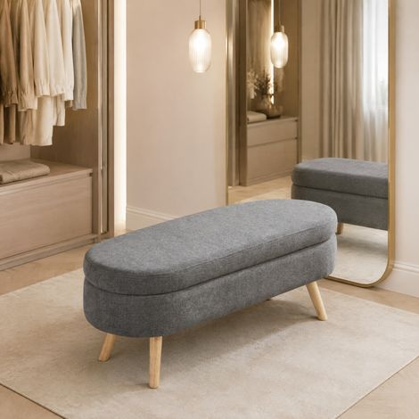 Panca contenitore 110 x 40 x 42 cm in ciniglia grigia con vano e gambe in legno DESVIAE (1/5)
