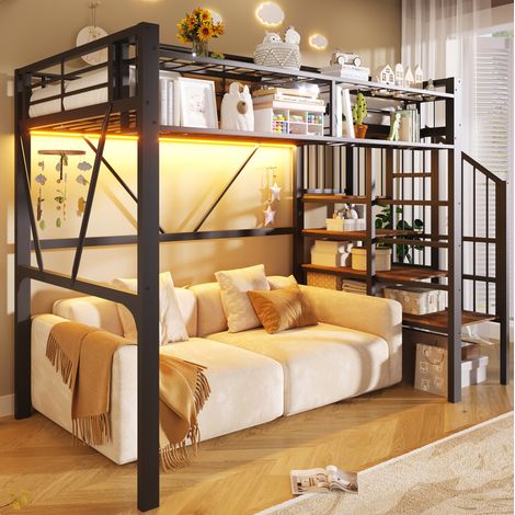 Lit mezzanine 90x200 cm - Avec étagères de rangement et LED - En métal et MDF - Noir (1/5)