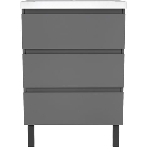 Meuble de salle de bain suspendu 60 cm, 3 tiroirs, MDF anthracite, avec vasque – pieds inclus