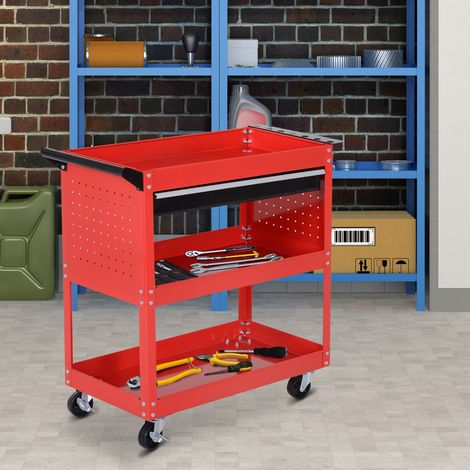 Coffre à outils, chariot à outils, boîte à outils, 3 niveaux, 4 roues, 82 cm x 35 cm x 76 cm, rouge (1/5)