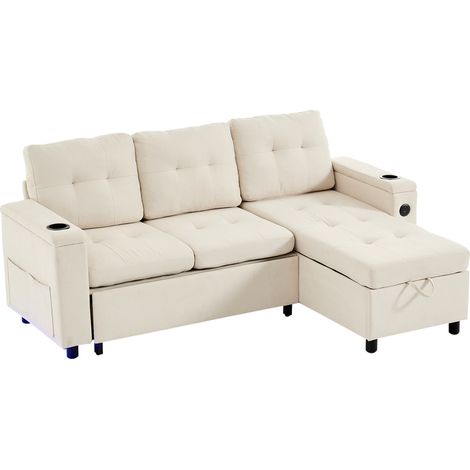 Sofá cama esquinero L de 3 plazas 208 x 146 x 89,5 cm beige con almacenamiento y LED (1/5)