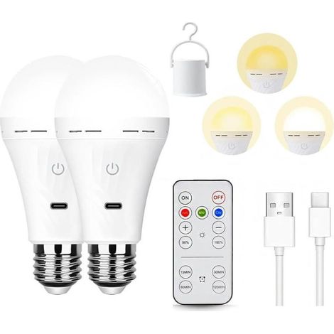 Lot de 2 ampoules LED E27 rechargeables, 2200 mAh, 3 couleurs, télécommande, charge USB, éclairage urgence camping (1/5)